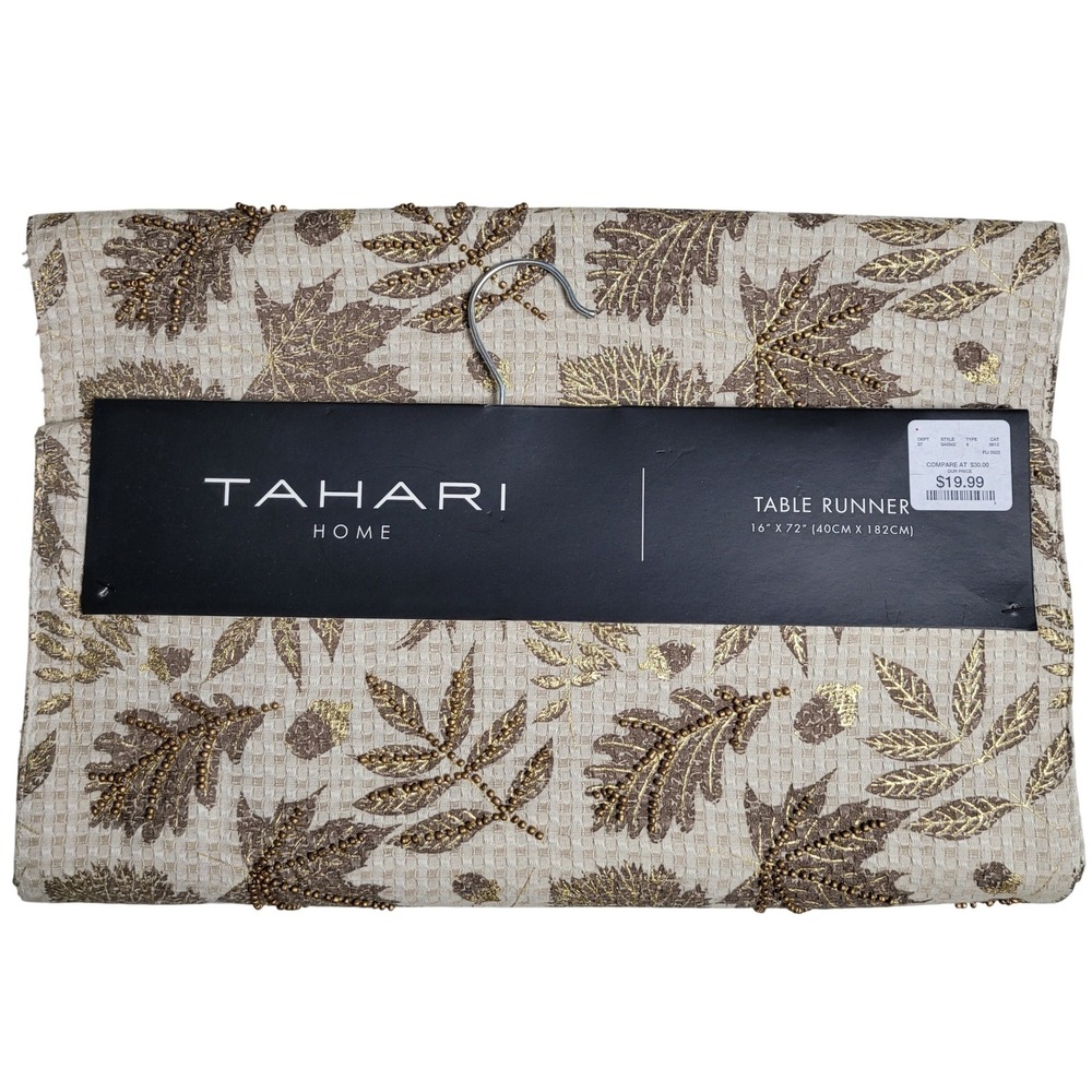 Tahari Home Beaded Table Runner 16"x72"‎ Beige Gold Leaves NEW - Picture 3 of 7
